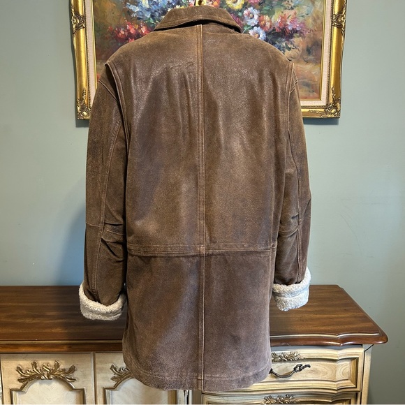 Wilsons Pelle Studio Brown Leather Sherpa Fur Lined Mid Length Heavy Winter Coat - Picture 6 of 17